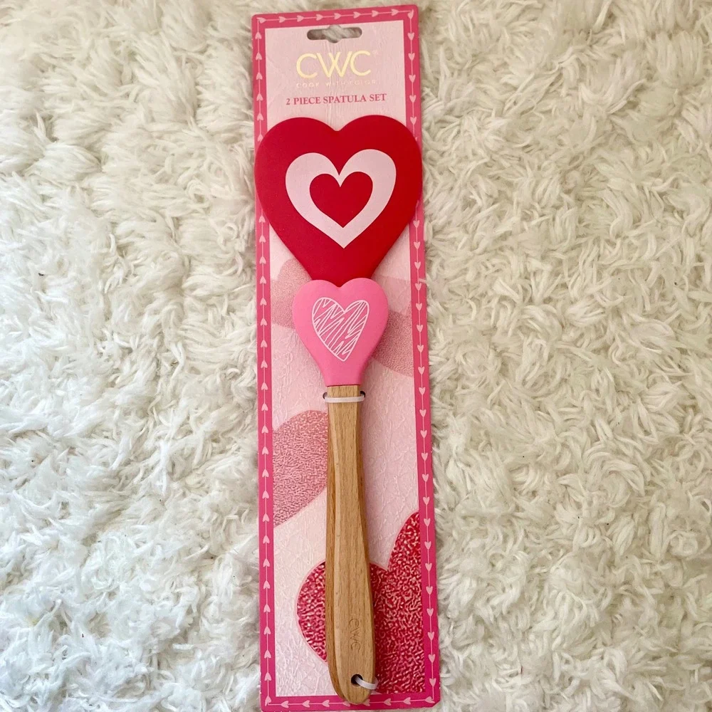 Cook With Color 2 Piece Heart Spatula Set Red Pink Silicone Wood VDSPTG‎ NEW